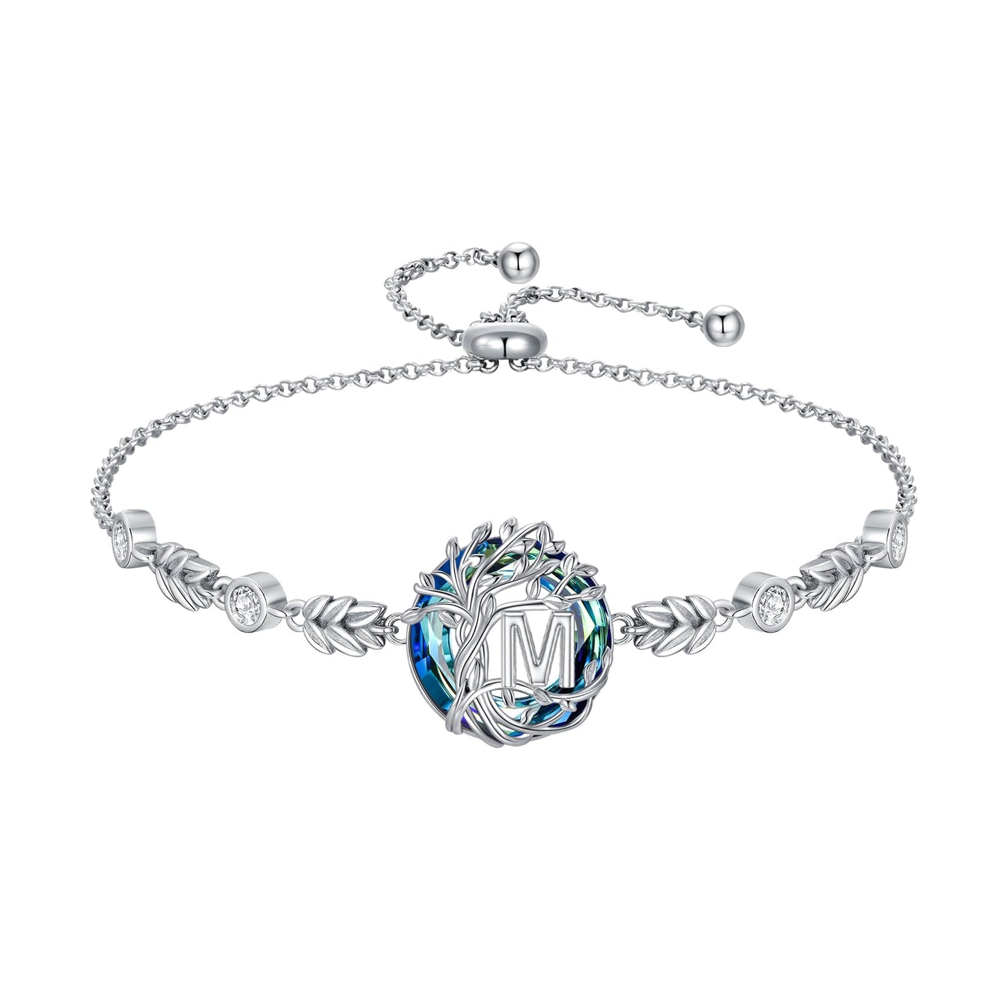 TOUPOP Tree of Life Initial Bracelet Sterling Silver Initials M Letter Link Bracelets Blue Circle Crystal Family Tree Birthday Mothers Day Jewelry Gifts for Women Mom Wife