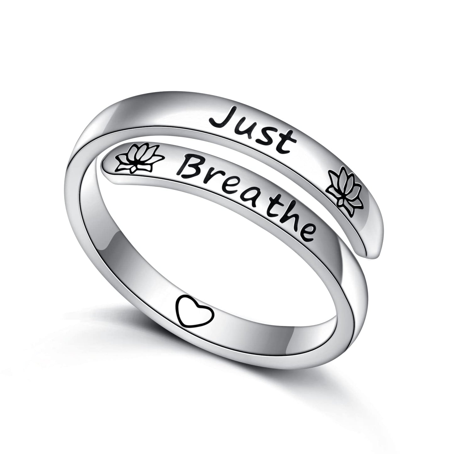 Ladytree Adjustable Inspirational Rings 925 Sterling Silver Yoga Lotus Flower Stacking Wrap Spiral Twist Statement Band Encouragement Jewelry Heartfelt Gifts for Women Yoga Lover(Just Breathe)