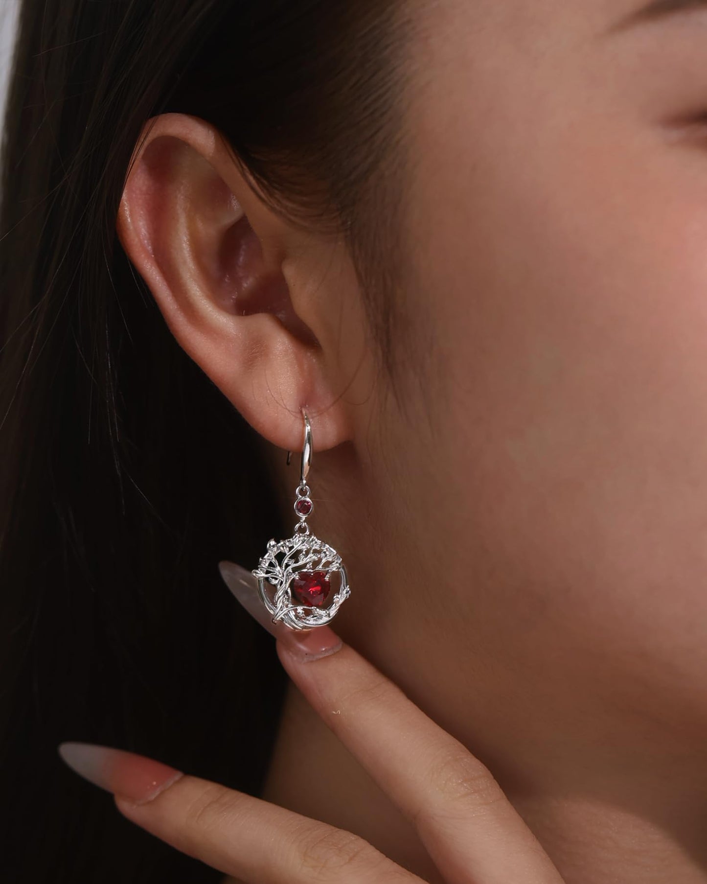 FANCIME Tree of Life Earrings 925 Sterling Silver Dainty Red Ruby Dangle Drop Gemstone Earring July Birthstone Fine Jewelry Birthday Mothers Day Gifts for Mom Her Women