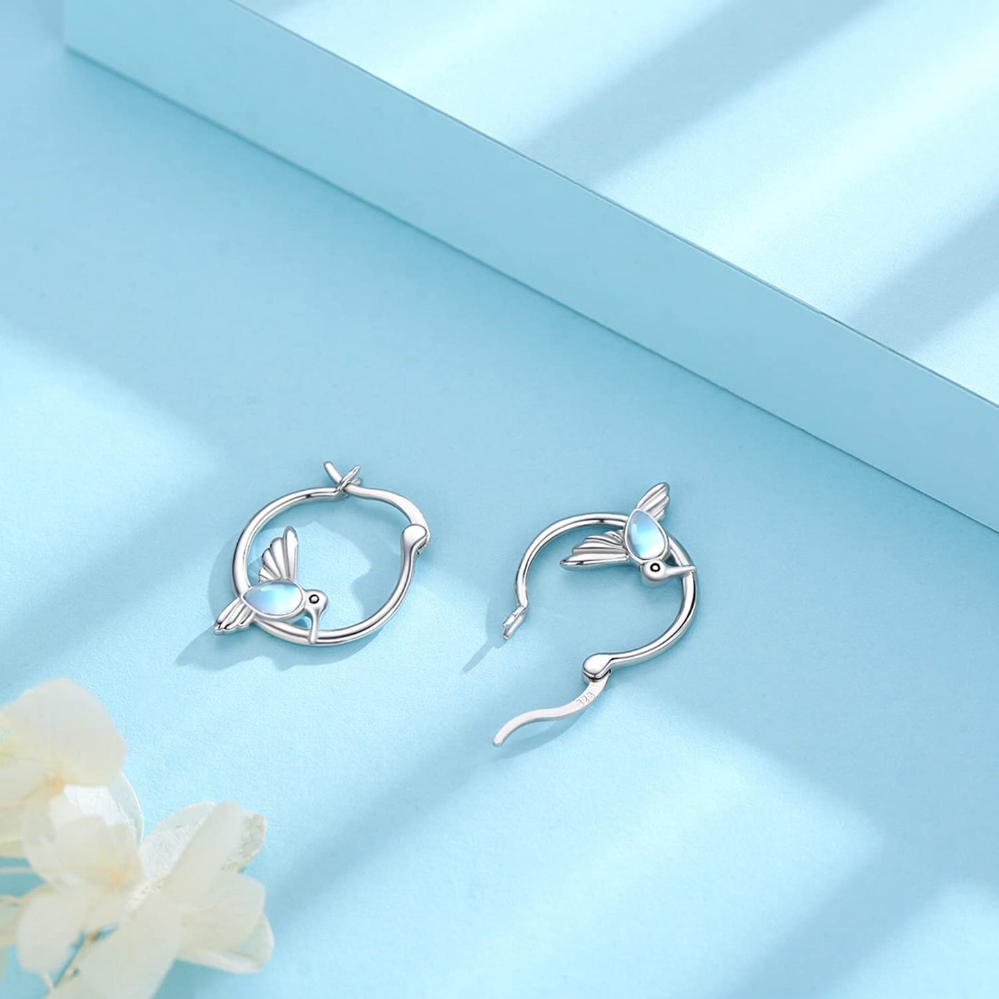 Sterling Silver Hummingbird Huggie Hoop for Women Hummingbird Moonstone Earrings Jewlery Graduation Gifts for Women Daughter Her Sensitive Ears