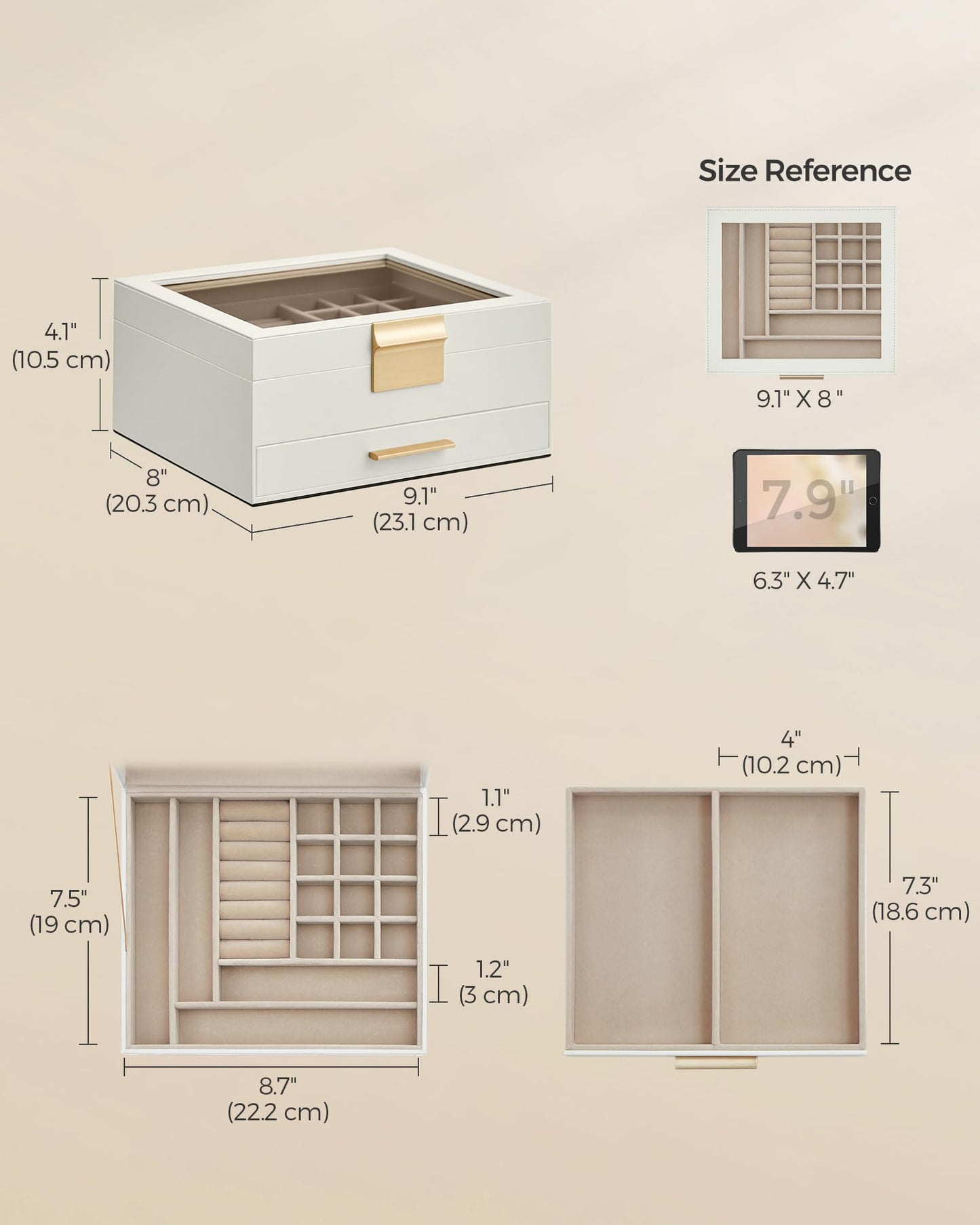 SONGMICS GISELLA Collection - Jewelry Box Organizer, 2-Layer Jewelry Storage with 1 Drawer, Shiny Metal Hardware, Glass Lid, Modern, 8 x 9.1 x 4.1 Inches, Cloud White and Gold Color UJBC174W01
