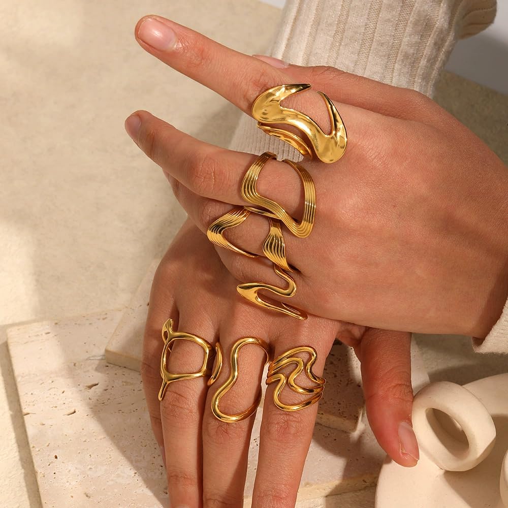 AIETUE Chunky Rings For Women, Gold Silver Thumb Ring Asymmetrical Wavy Curve Ring Adjustable Non Tarnish Dainty Stainless Steel New Year Anniversary Birthday Jewelry Gift (Trendy Gold #1)