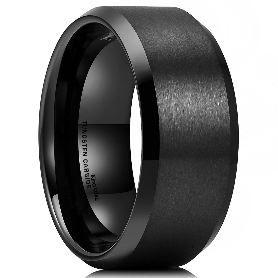 King Will 10mm Men's Black Wedding Ring - Brushed Matte Surface, Beveled Polished Edge, Comfort Fit Size 8