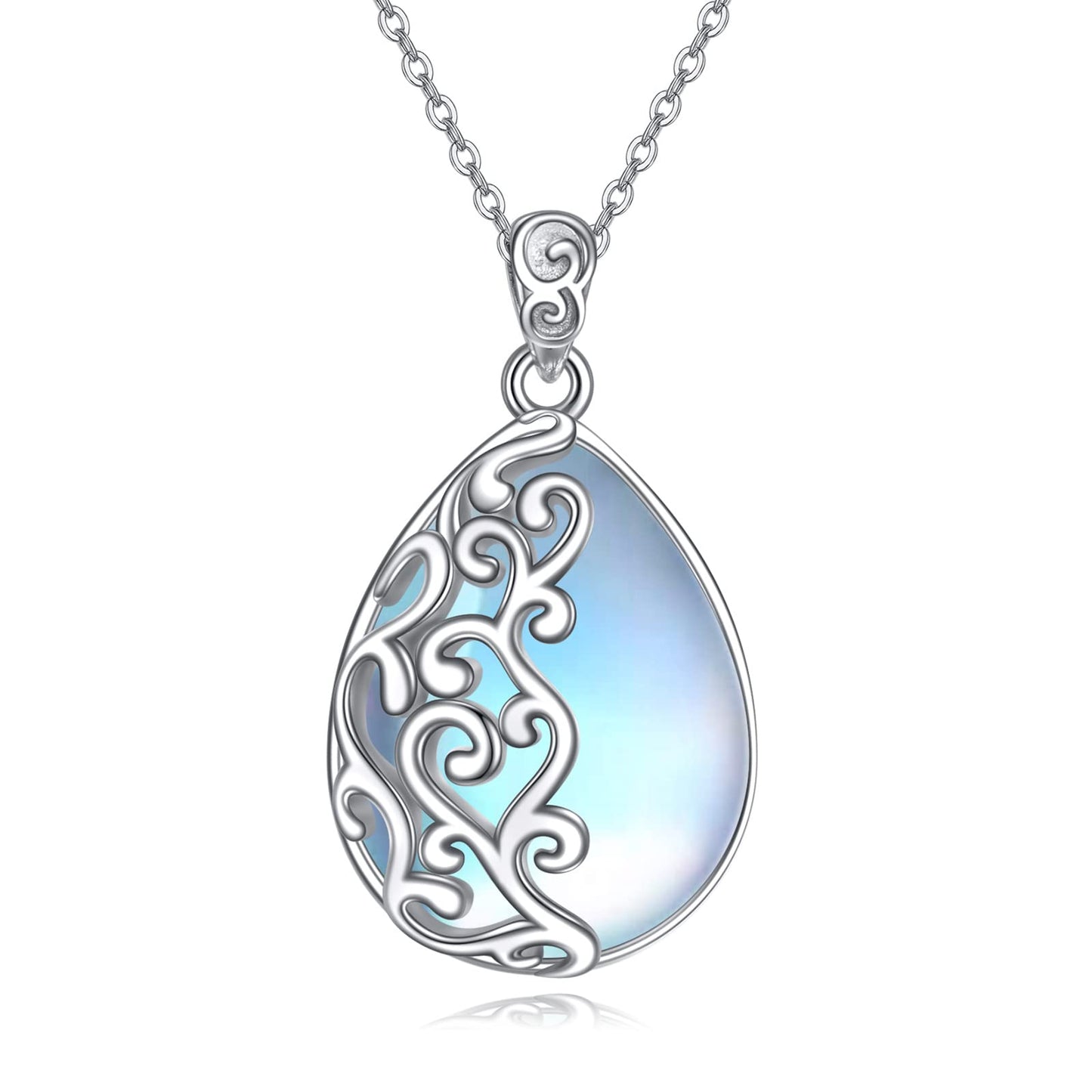 YAFEINI 925 Sterling Silver Moonstone Necklace Filigree Teardrop Pendant Necklace Jewelry for Women (D-Filigree Moonstone Necklace)