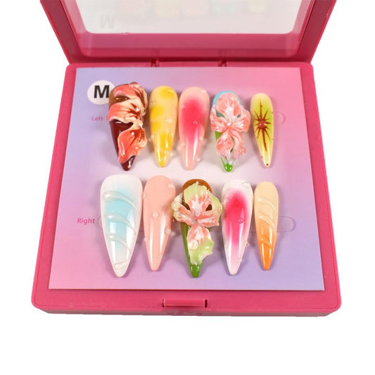LIFOOST Manual Press on Nails 10Pcs with Hand Carved Flower Petals Long Almond Handmade Nails for DIY Manicure Decorations, Size Medium