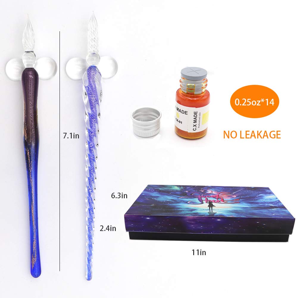 AXEARTE Glass Dip Calligraphy Pen Set, 18-Pieces 14 Color Inks, Pen Holder, Cleaning Cup, 2 Crystal Glass Pens for Art, Writing, Drawing, Signatures, Gift for Kids and Artist