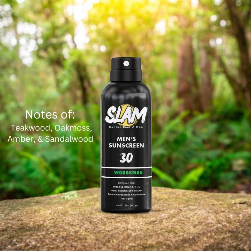SLAM WoodsMan - Male Scented Sunscreen, SPF Sunscreen Spray, Water Resistant Sunscreen, Octinoxate & Oxybenzone Free, Broad Spectrum UVA/UVB Sunscreen, 5 Fl Oz (Pack of 1)