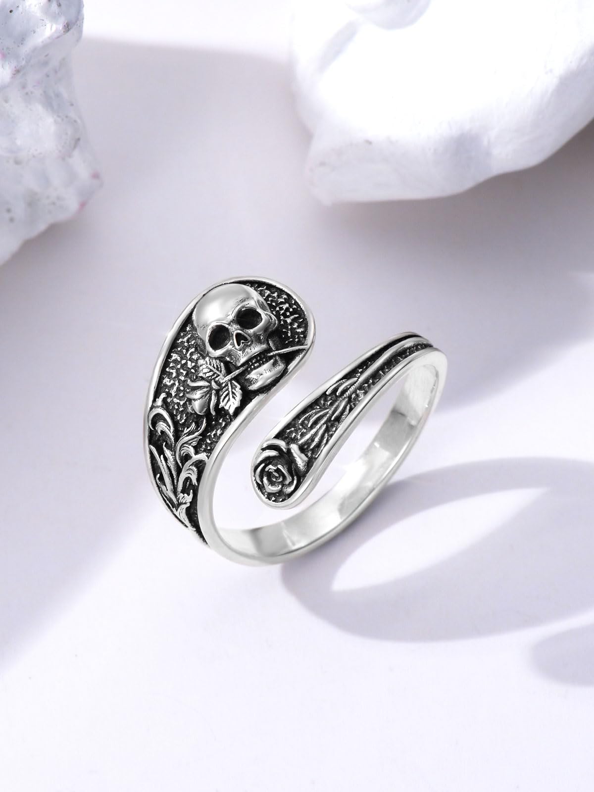 Midari Skull Rose Spoon Rings for Women 925 Sterling Silver Skull Ring Adjustable Punk Skull Rings Skull Rings Open Antique Spoon Rings Jewelry for Women Hallowee Birthday Christmas Gifts