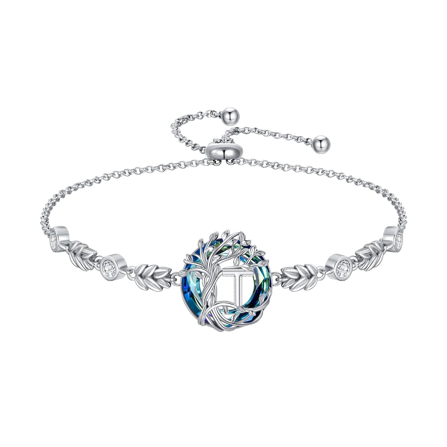 TOUPOP Tree of Life Initial Bracelet Sterling Silver Initials T Letter Link Bracelets Blue Circle Crystal Family Tree Birthday Mothers Day Jewelry Gifts for Women Mom Wife