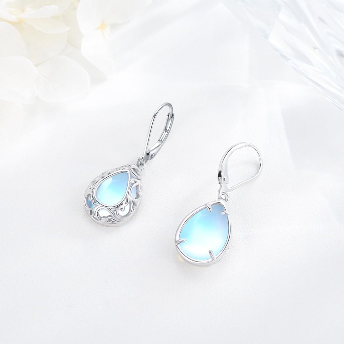 KoyeKei Moonstone Filigree Leverback Earrings for Women 925 Sterling Silver Moonstone Teardrop Dangle Drop Earrings Filigree Jewelry Anniversary Graduation Gifts for Lover Girlfriend Best Friend