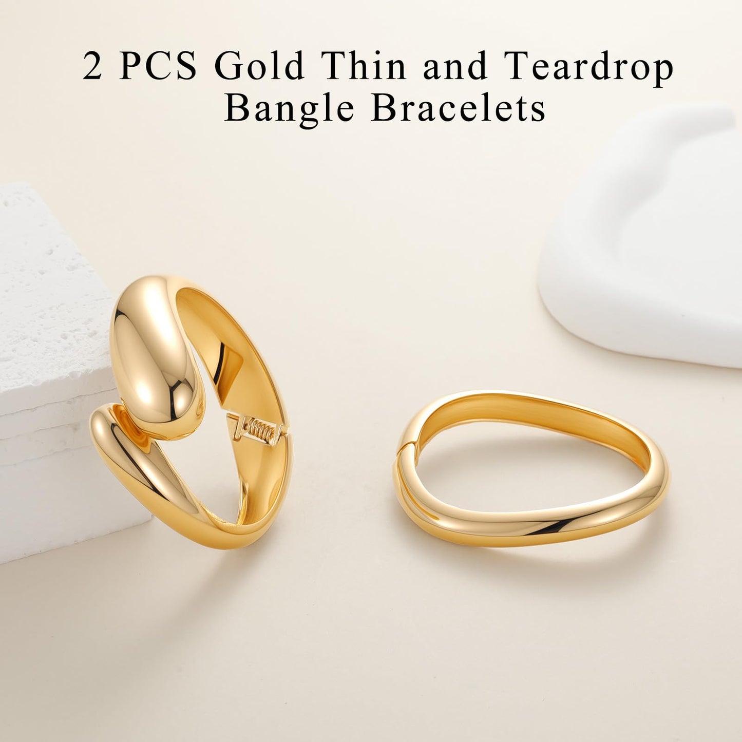 Yowivon Gold Bangles for Women, 2PCS Teardrop Chunky Gold Bracelet Set, Hinged Irregular Bangle Bracelets Stack for Women, Non Tarnish Wrist Cuff, Trendy Jewelry Gifts for Christmas Valentine Birthday