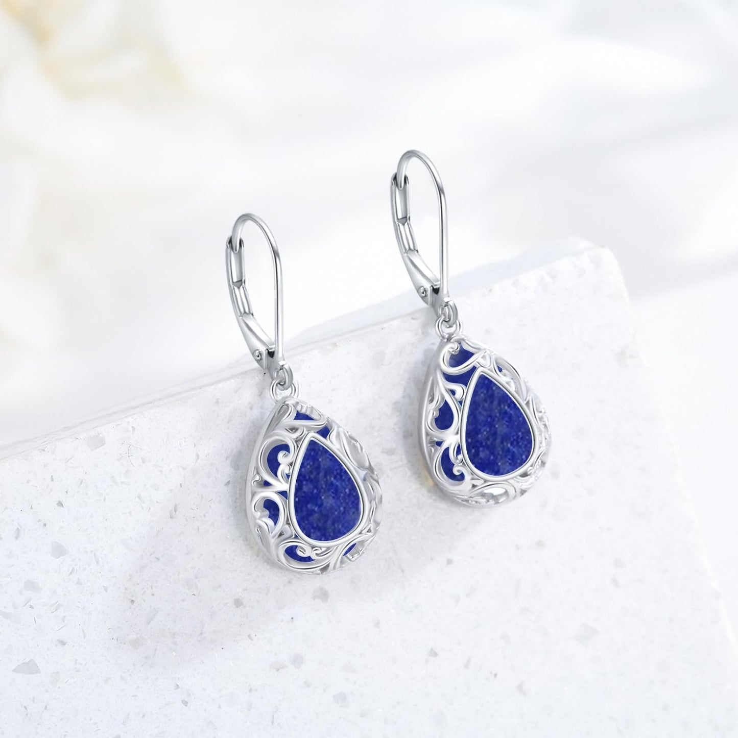 KoyeKei Lapis Lazuli Filigree Leverback Earrings for Women 925 Sterling Silver Lapis Lazuli Teardrop Dangle Drop Earrings Filigree Jewelry Graduation Birthday Gifts for Girlfriend Best Friend Her