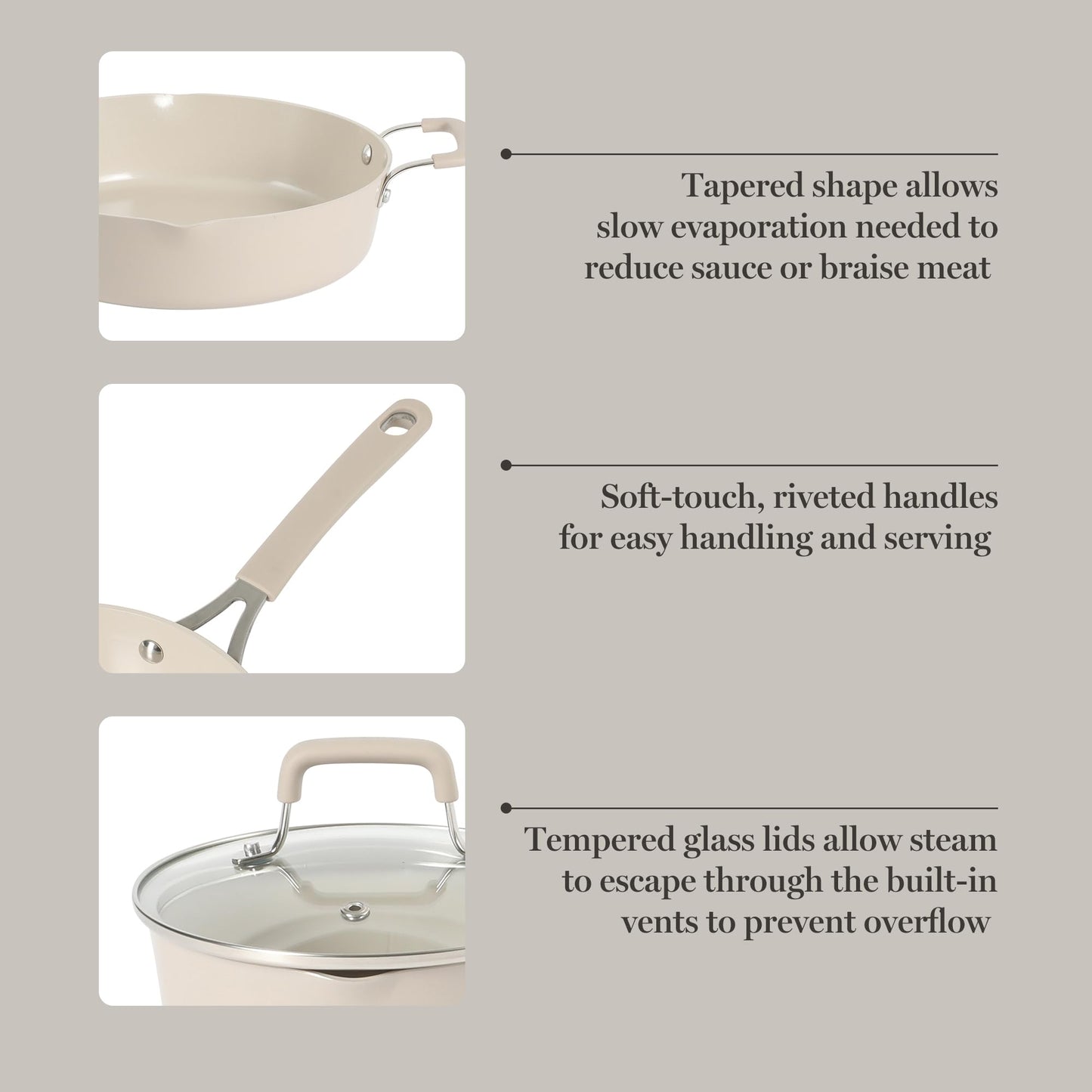 Martha Stewart Heathland Premium Nonstick PFA Free Ceramic Interior 10-Piece Tapered Aluminum Cookware Set - Taupe
