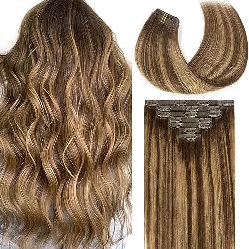 Loxxy Seamless Extensions Clip in Human Hair 20inch 110G 7Pcs Chocolate Brown to Caramel Blonde With Brown Roots Thick Blonde Natural Remy Real Hair Extensions Clip in Human Hair Invisible Tape Weft