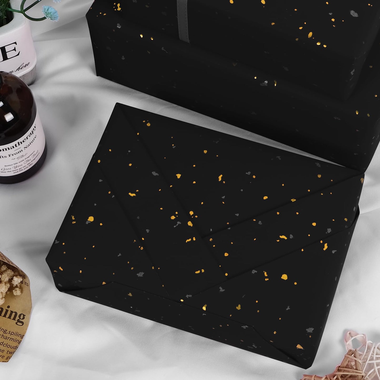 Aimyoo Black Wrapping Paper Roll - Mini Roll - 17 Inch x 60 Feet - Black with Gold Flakes Foil Design for Christmas, Wedding, Birthday,Holiday,Celebrations