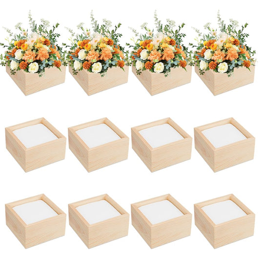 AHANDMAKER 12 Pack Unfinished Wooden Boxes Rustic Natural Wooden Crates with Foam Inserts for Floral Arrangement Home Decor Wedding Centerpieces Christmas Party Craft 4x4x2.3 Inch
