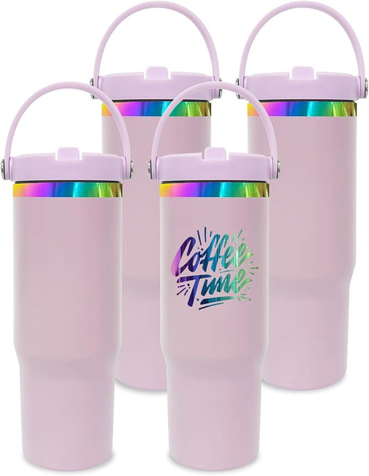 30 oz Tumbler Bulk with Handle and Straw, Vacuum Insulated Tumblers with Flip Straw and Top Handle, Leakproof Powder Coated Tumbler, Stainless Steel Travel Mug for Coffee (Purple, 4 Pack)
