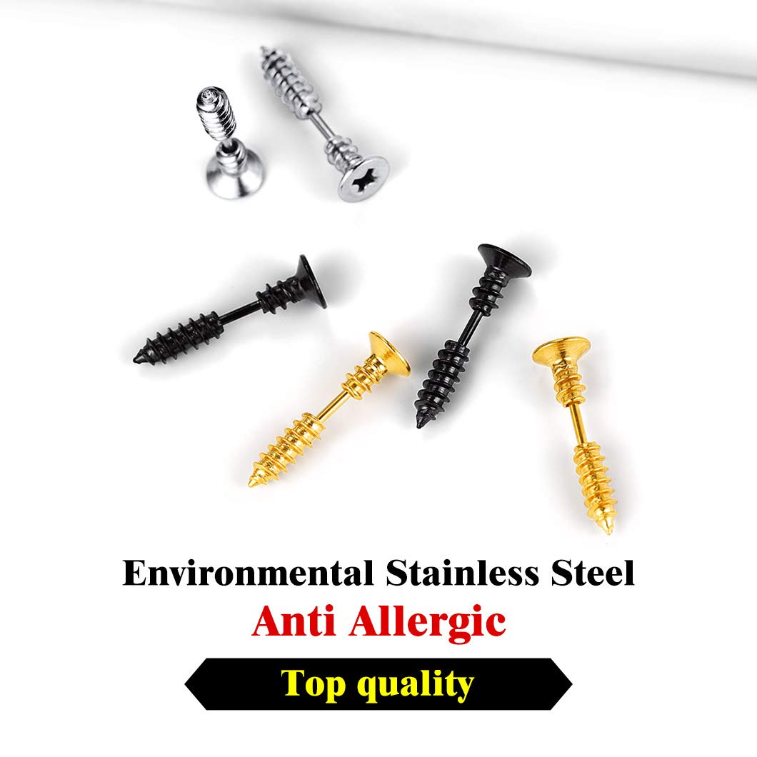 Screw Stud Earrings Men Women Stainless Steel Pierced Tunnel Earring Set Punk Style Jewelry 3 Pairs 3 Colors