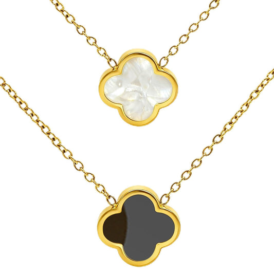 Aimétte Monette 18K Gold Plated Necklaces for Women, Dainty Lucky Four Leaf Clover Gold Necklace Set Clover Charm Necklace, Fashion Jewelry Gifts for Women Black and White