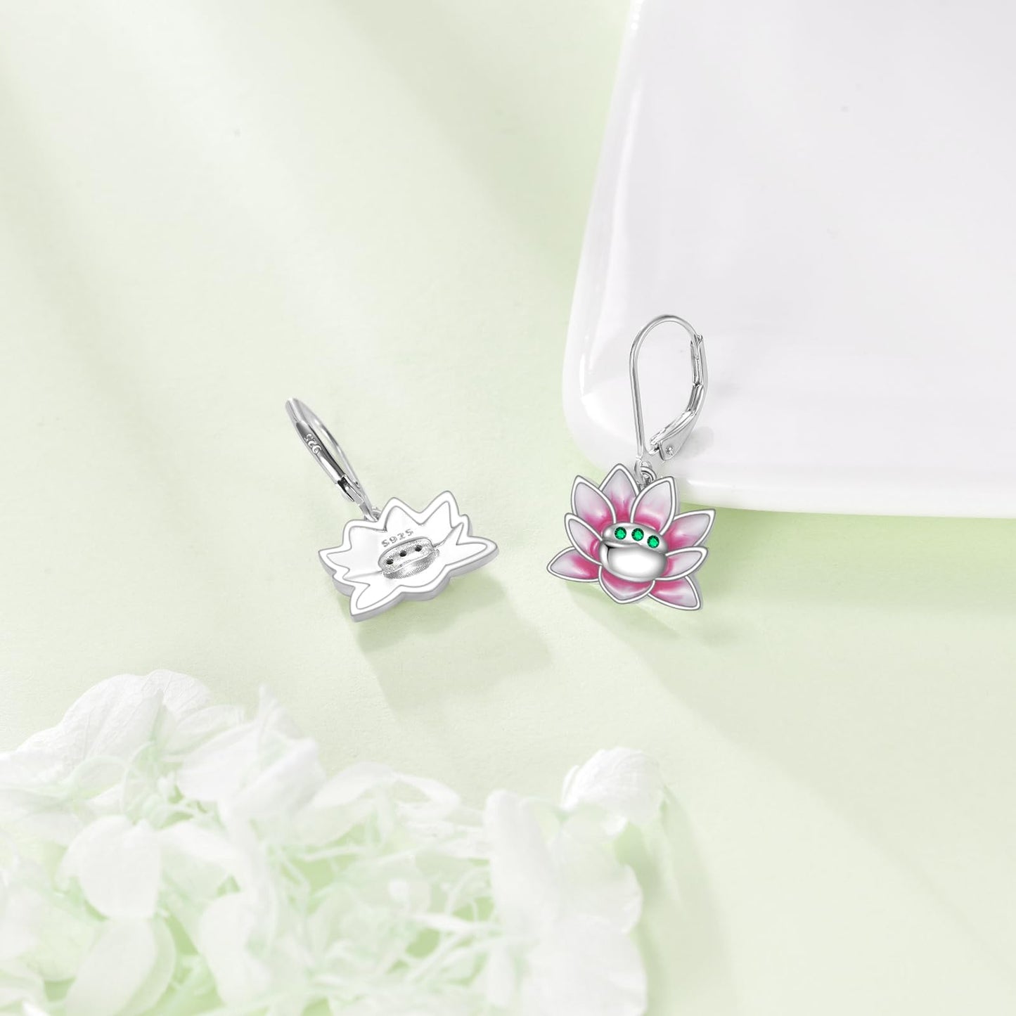 TIGER RIDER Pink Lotus 925 Sterling Silver Leverback Earrings Flora Jewelry Gift for Women Birthday Christmas