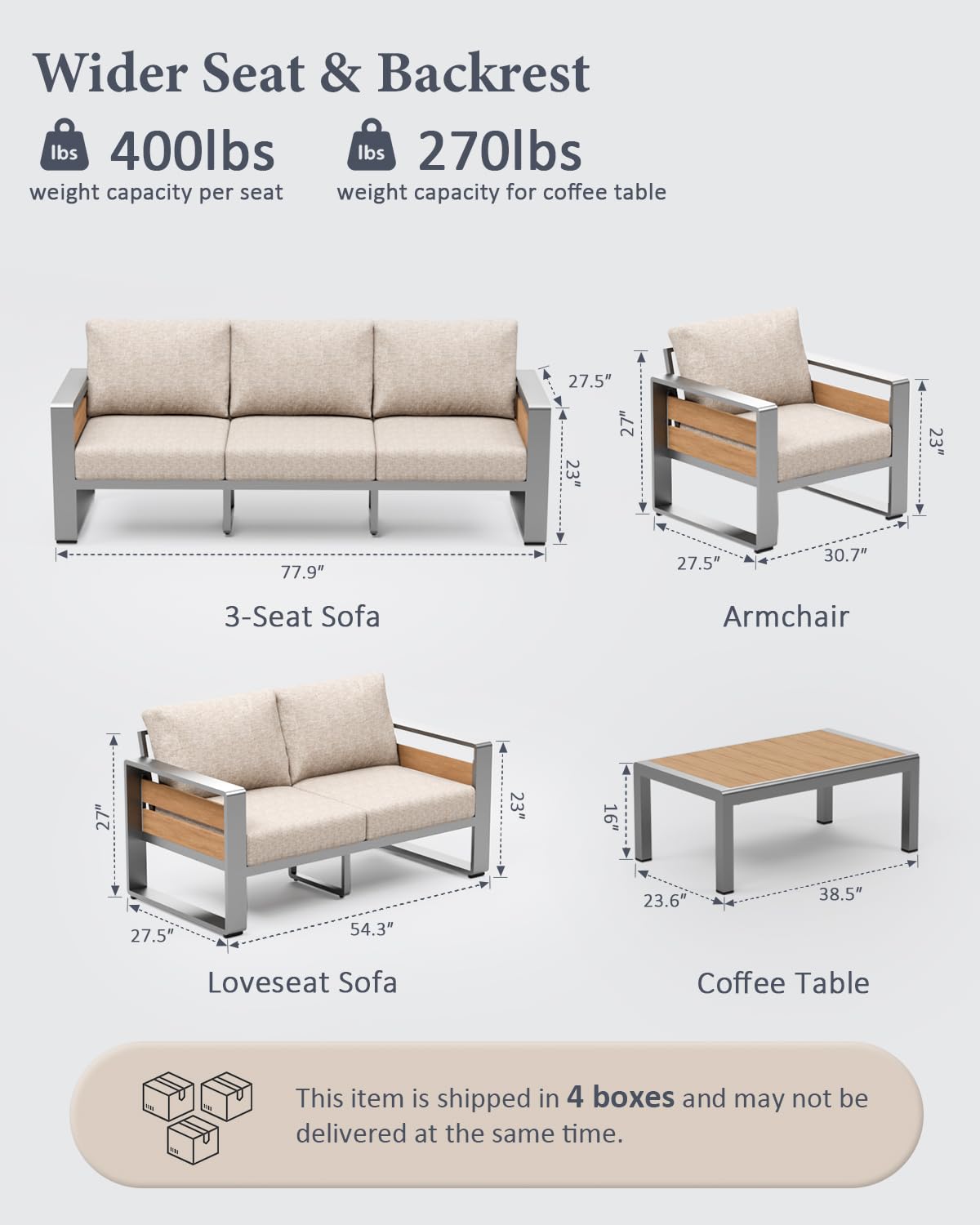 ZANDOR Aluminum Outdoor Patio Conversation Furniture Set, 5 PCS Metal Modern Outside Sectional Lawn Furniture with Coffee Table & Washable Thick Cushions,Seating Sofa for Garden/Backyard/Porch Silver