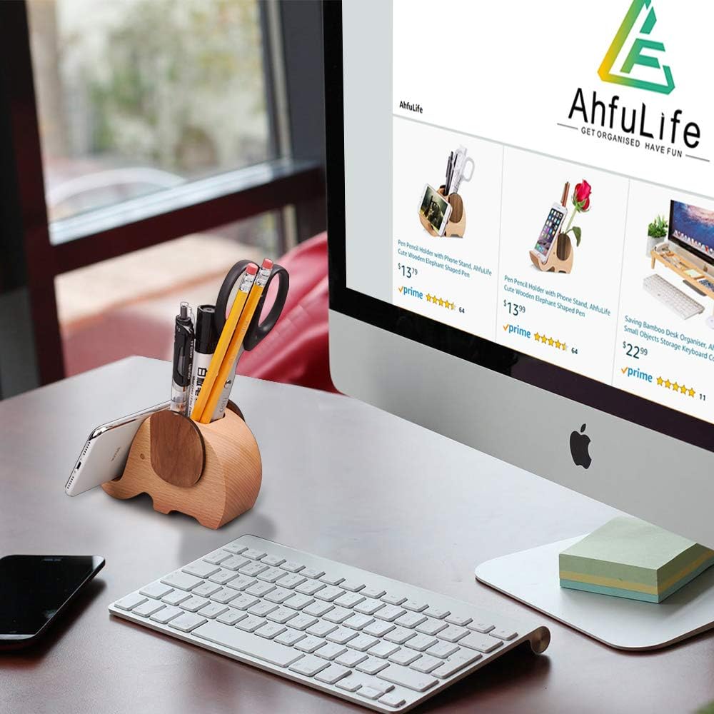 AhfuLife Wooden Elephant Cell Phone Holder/Stand with Pen&Pencil Holder/Pot, Desk Decoration Multi-functional Supplies Stationery Organizer, Christmas Gift Birthday Graduation Gift