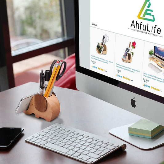 AhfuLife Wooden Elephant Cell Phone Holder/Stand with Pen&Pencil Holder/Pot, Desk Decoration Multi-functional Supplies Stationery Organizer, Christmas Gift Birthday Graduation Gift