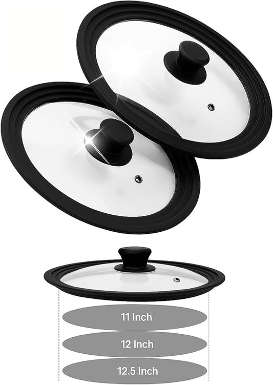 Bezrat Universal Lids for Pots, Pans and Skillets - 2-Pack Heat-Resistant Covers Tempered Glass with Silicone Rim - Fits 11â, 12â, 12.5â Cookware - For Cooking, Dishwasher Safe