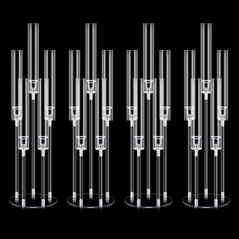 DIWNELEM 4Pcs Acrylic Candelabra Centerpieces for Wedding 5 Arm Clear Candle Candlesticks Holders 25.5" Tall Crystal Taper Candlestick with Shade Fit 0.87'' Led Candle for Christmas Party Home Decor"