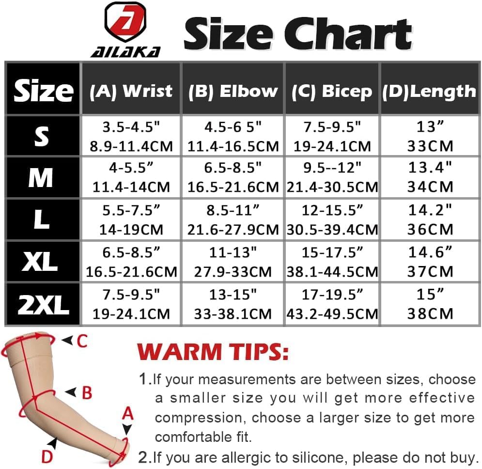 Ailaka Medical Compression Arm Sleeves for Men Women - 20-30 mmHg Lymphedema Compression Sleeves Support for Arms Pain