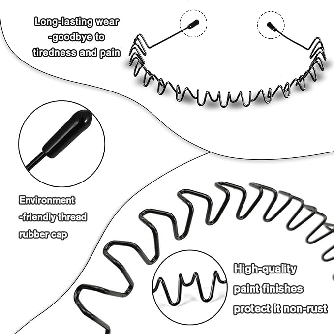 Metal Headbands for Men, Fashion Unisex Wavy Hair Bands, Elastic Zigzag Hairbands Perfect for Outdoor Sports, Daily Styling (3 Pack)