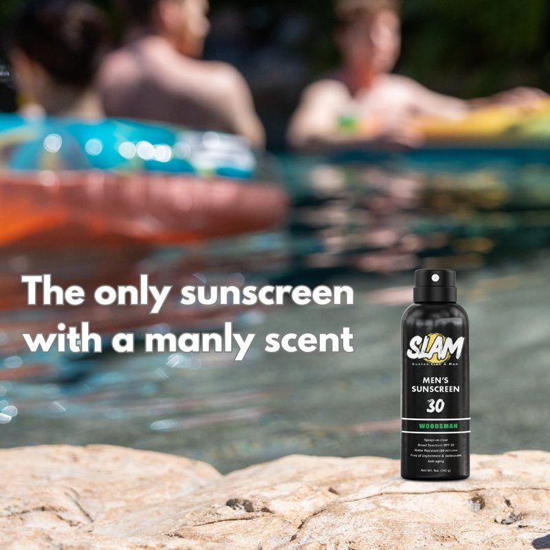 SLAM WoodsMan - Male Scented Sunscreen, SPF Sunscreen Spray, Water Resistant Sunscreen, Octinoxate & Oxybenzone Free, Broad Spectrum UVA/UVB Sunscreen, 5 Fl Oz (Pack of 1)