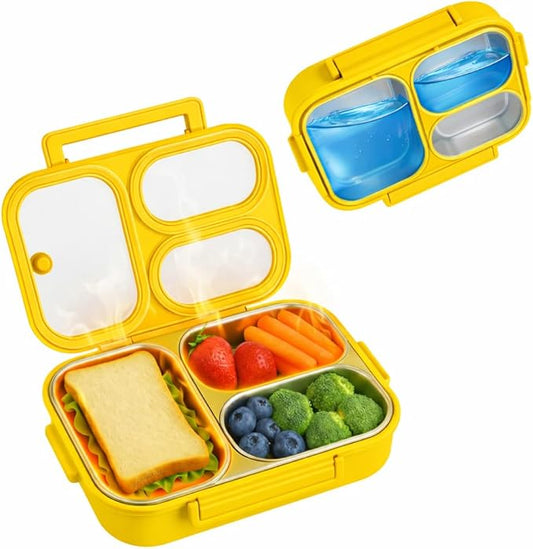 304 Stainless Steel Lunch Box for Work & Travel, 3-Compartment Leakproof Food Container, Healthy Eating & Portion Control, Safe for Home Use, Portion Control for Healthy Eating (Yellow 3 grids)