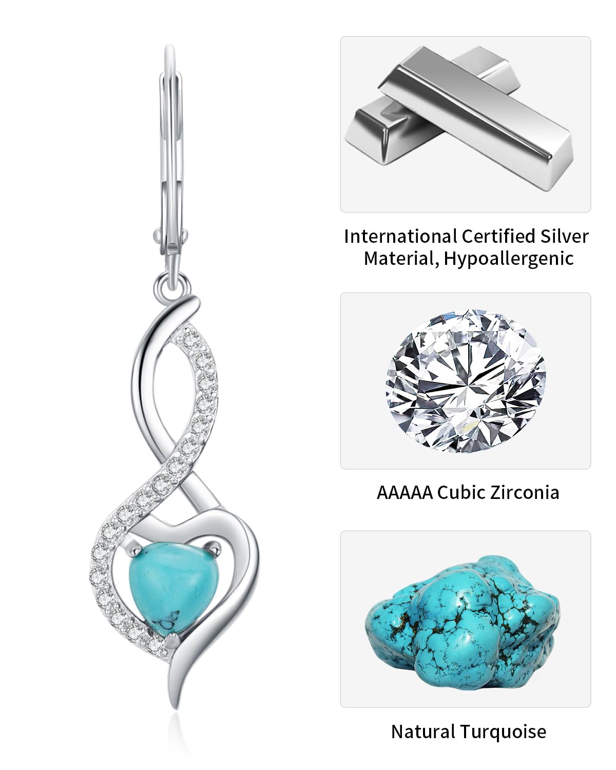 Heart Turquoise Jewelry for Women-Genuine Turquoise Leverback Earring 925 Sterling Silver Dangle Drop Earrings Vintage Gifts for Valentine/Mother's Day/Christmas