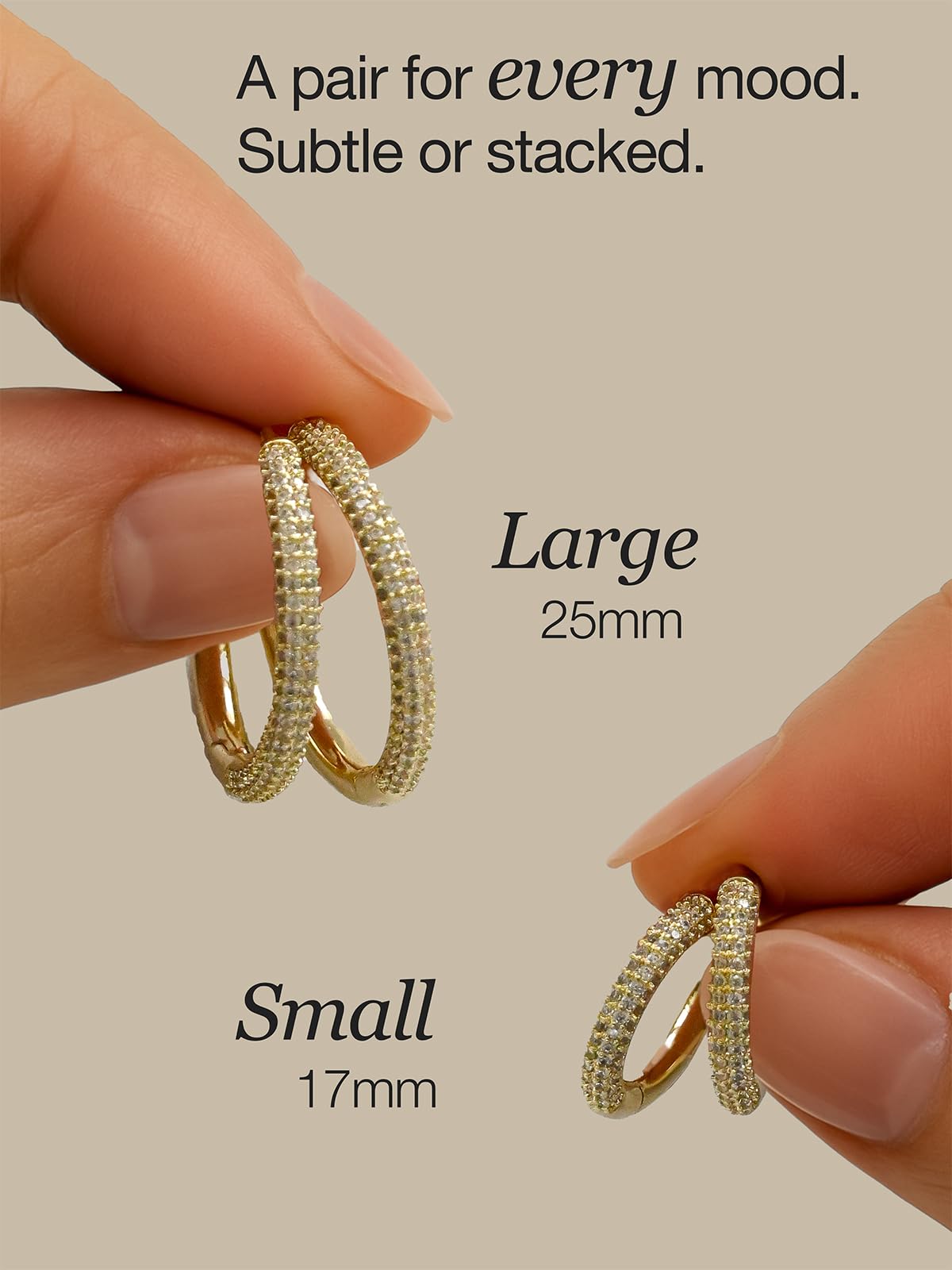 Altitude Boutique CZ Pave Huggie Hoop Earrings | 14K Gold-Plated or Rhodium-Plated | 4-Row Cubic Zirconia Hoops in 17mm or 25mm | Hypoallergenic Modern Statement Hoop Earrings for Women (Silver, 17mm)