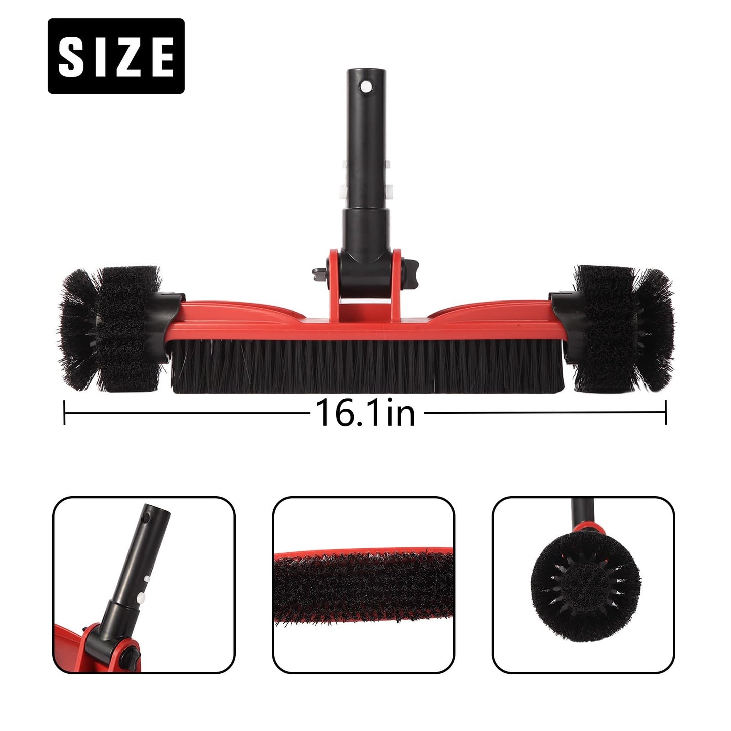 Pool Brush Head with Round Ends, Heavy Duty Pool Brushes for Cleaning Pool Walls, Floors Steps & Corners, 16" Pool Brush with Sturdy Aluminum Handle & Durable Nylon Bristles