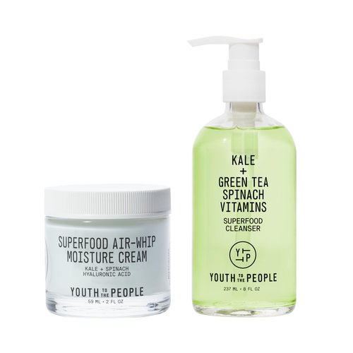 Youth To The People Daily Cleanse, Hydrate, Plump Skin Duo, 2-Pc Skincare Bundle Set, Superfood Kale + Green Tea Facial Cleanser (8oz) + Superfood Air Whip Hydrating Moisturizer (2oz), All Skin Types