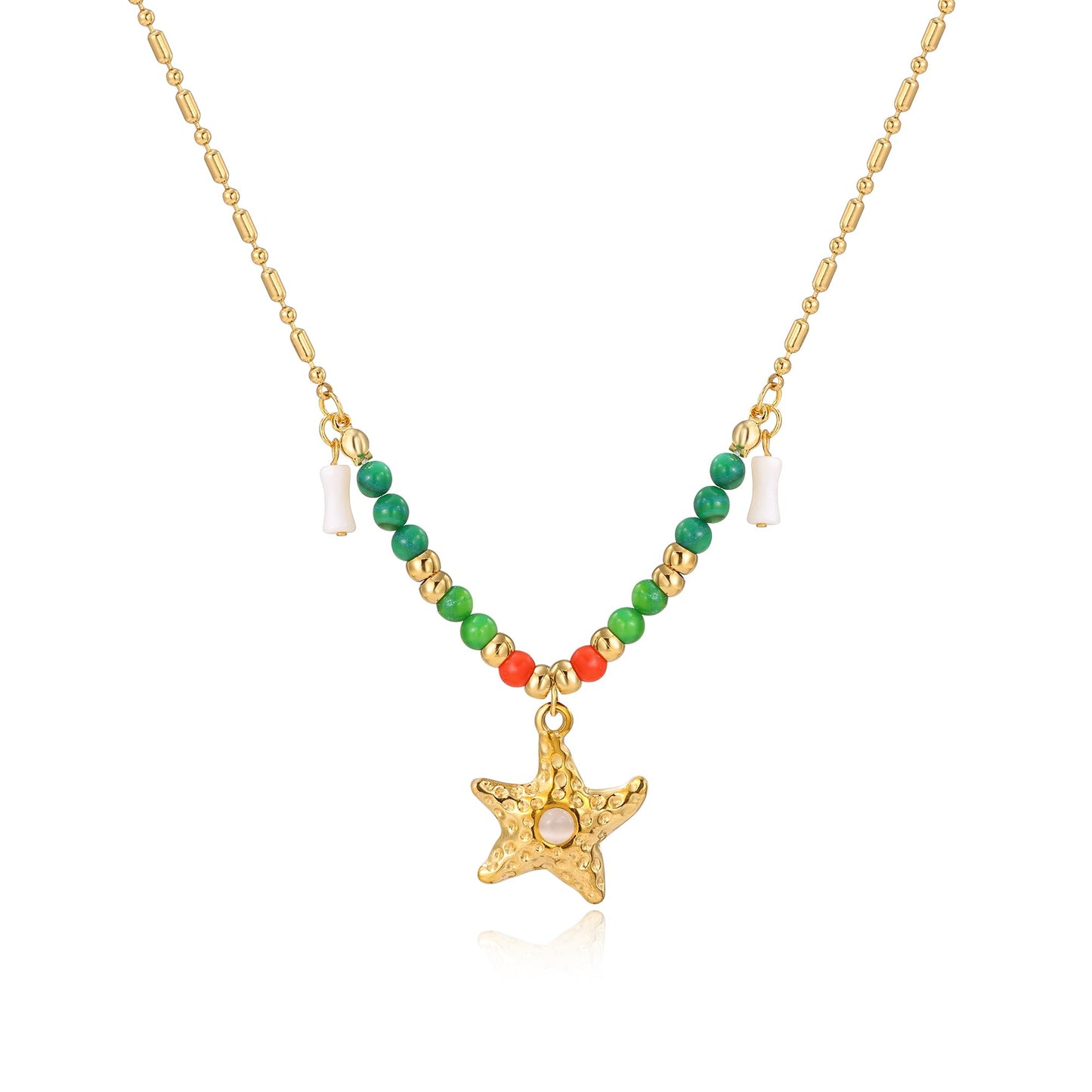 WASAIE Unique Starfish Green Red Bead Charm Necklace for Women, Adjustable Gold Plated Stainless Steel, Beach Surf Vacation Summer Travel Jewelry Colorful Choker
