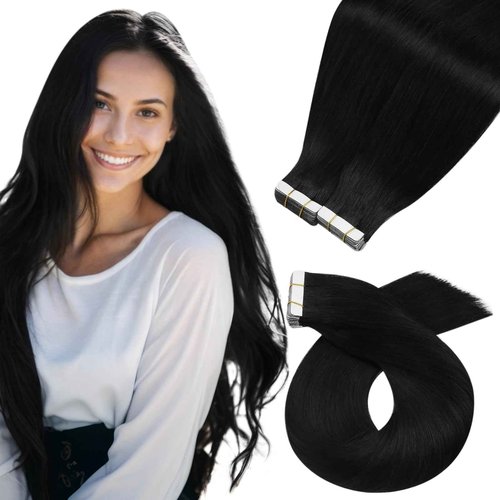 Moresoo Tape in Hair Extensions Human Hair #1 Jet Black Hair Tape in Human Hair Extensions Invisible Glue in Extensions Real Hair Straight 40 Pieces 100g 24 Inch