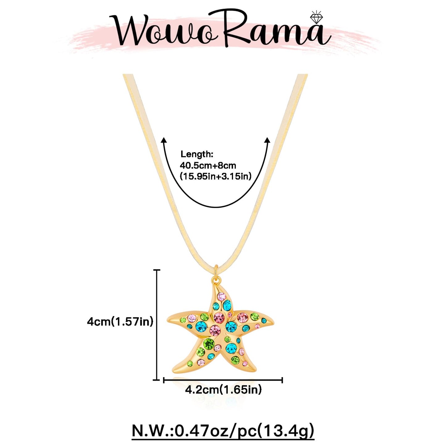 WOWORAMA Starfish Necklace for Women Colorful Rhinestone Starfish Pendant Necklace with Beige Rope Sea Shell Star Choker Necklaces Summer Beach Trendy Necklaces