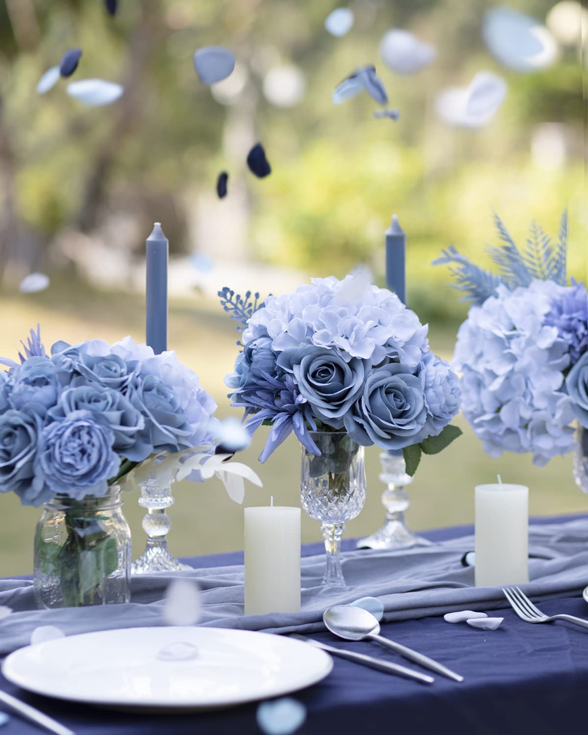 LFF 10Pcs Dusty Blue Roses Artificial Flowers, Faux Silk Roses with 21.2" Long Stems & 2.36" Large Blooms, Lifelike Fake Roses for DIY Wedding Bouquet Home Party Vase Filler Table Centerpiece Decor