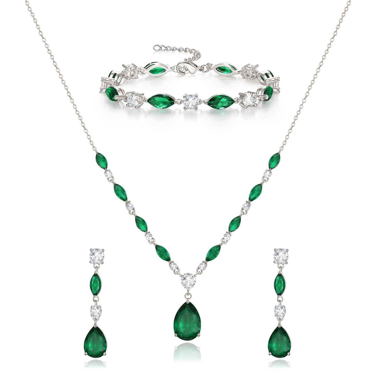 EVER FAITH Green Cubic Zirconia Costume Party Jewelry for Women, Sparkly CZ Birthstone Elegant Teardrop Wedding Necklace Dangle Earrings Bracelet Set for Bridesmaid