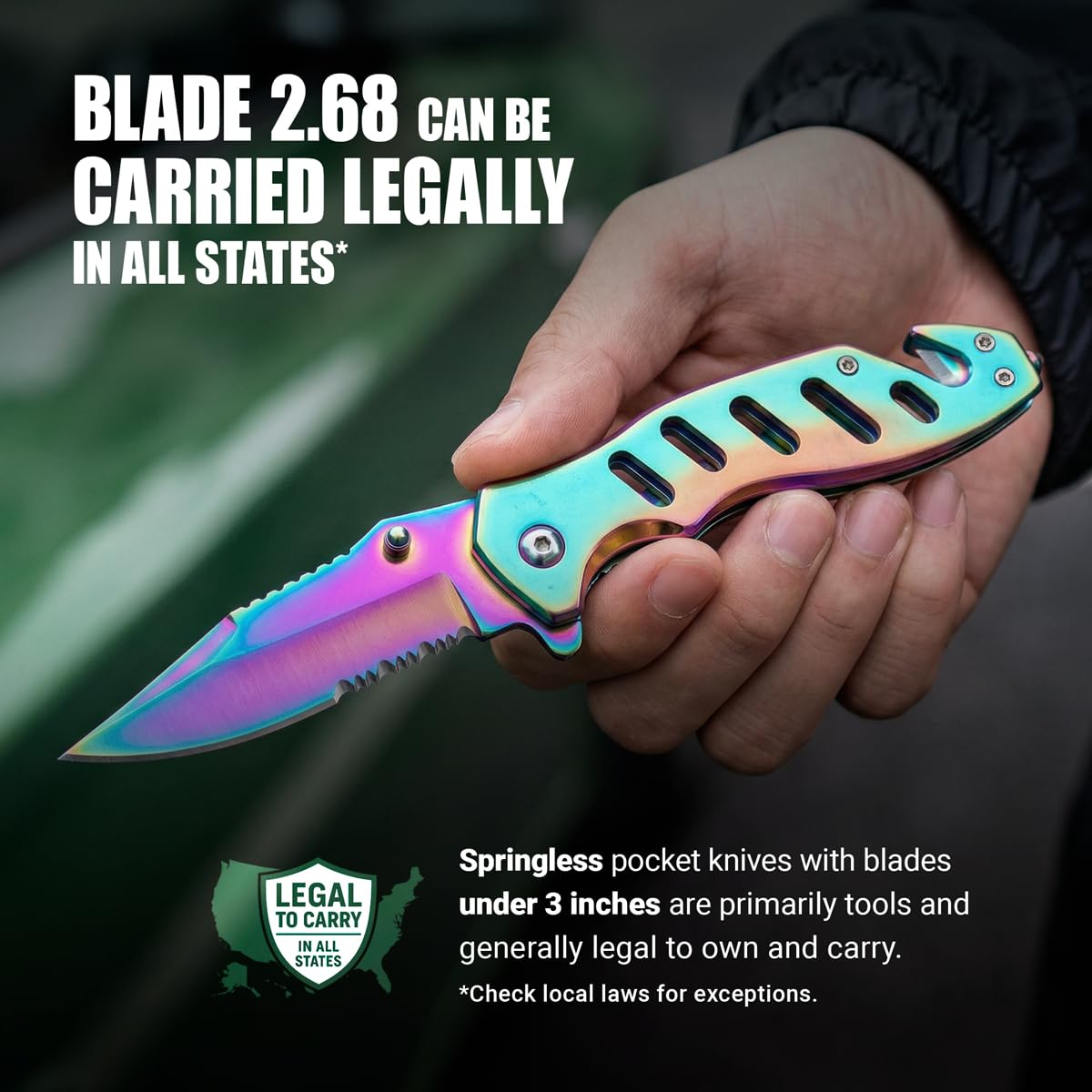 Legal Rainbow Pocket Knife with Glass Breaker Seatbelt Cutter - 2.68 Inch Sharp Serrated Blade - Cute Small Folding Womens Knives for Self Defense EDC Camping - Birthday Gifts for Women - 6655 R