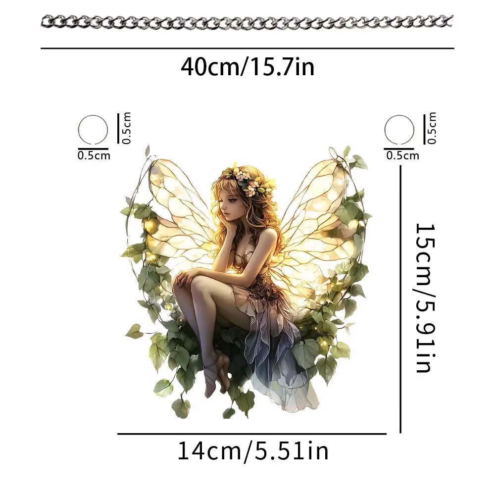 1PC Fairy with Vines Acrylic Suncatcher Hanging, 7.08 inch Window Decor with Printed Stained Glass Style Design, Rainbow Maker Wall Art, Gift Idea & Garden Ornament Indoor Outdoor Use/YX-12