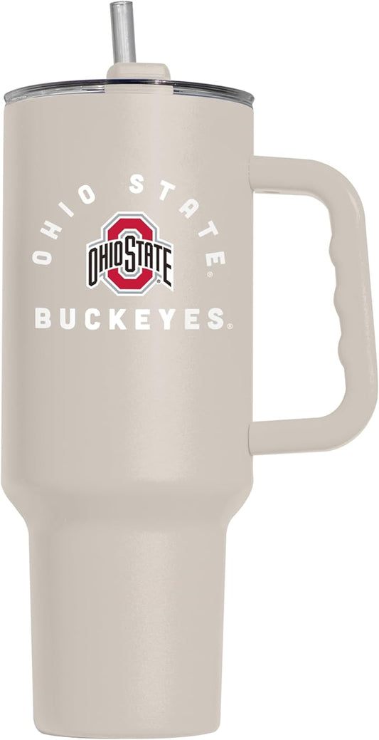 Logo Brands NCAA Ohio State Buckeyes Sand 40 oz Tumbler with Handle - Stylish Everyday Use Powder Coated-Stainless Steel with Straw- Keeps Cold For Hours
