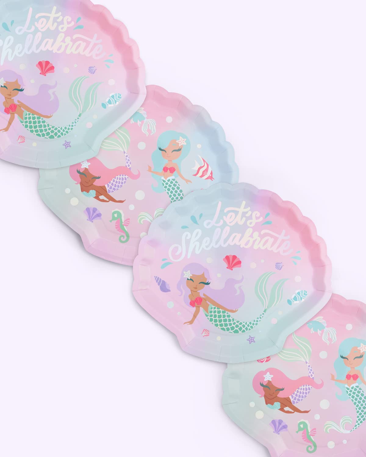 xo, Fetti Mermaid Shell Birthday Plates - 24 pk, 9" | Mermaid Bday Party Supplies, Under The Sea Decorations, Let's Shellabrate Party Favors