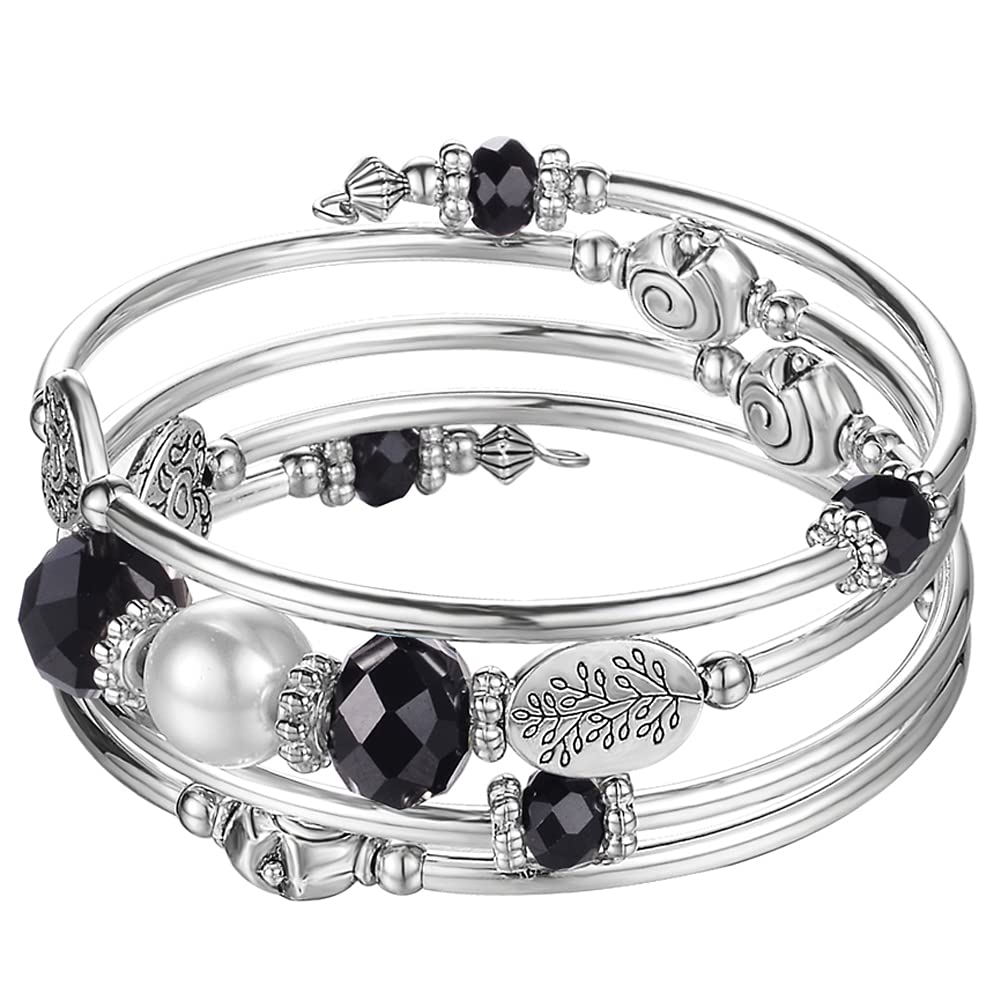 PEARL&CLUB Bead Crystal Wrap Bangle Bracelet - Fashion Jewelry Beaded Bracelet with Silver Metal, Gifts for Women(92-Black)