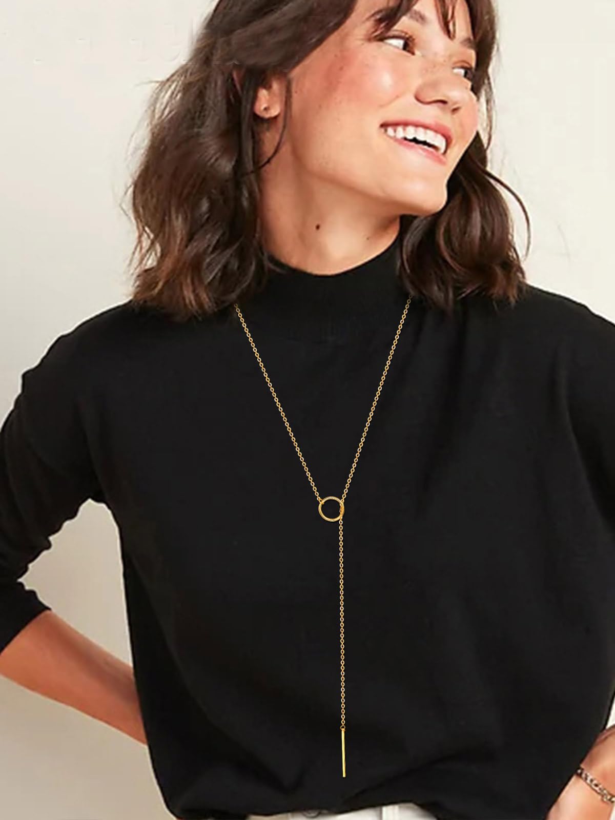 FOCALOOK Long Gold Necklaces for Women 14K Gold Plated Drop Vertical Bar Pendant Lariat Necklace 28inch/73cm