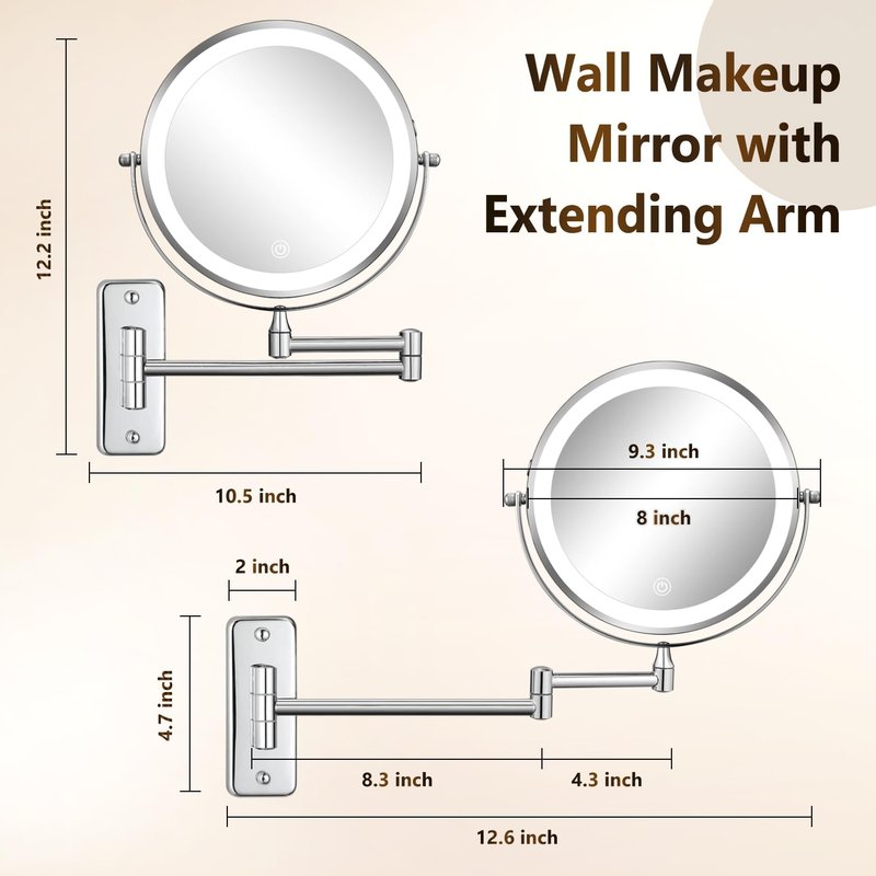 DECLUTTR Wall Mounted Lighted Makeup Mirror, Rechargeable 1X/15X Magnifying Mirror 8 Inch Double Sided, 3 Colors Vanity Mirror with Lights, Touch Dimmable 360° Rotation Foldable