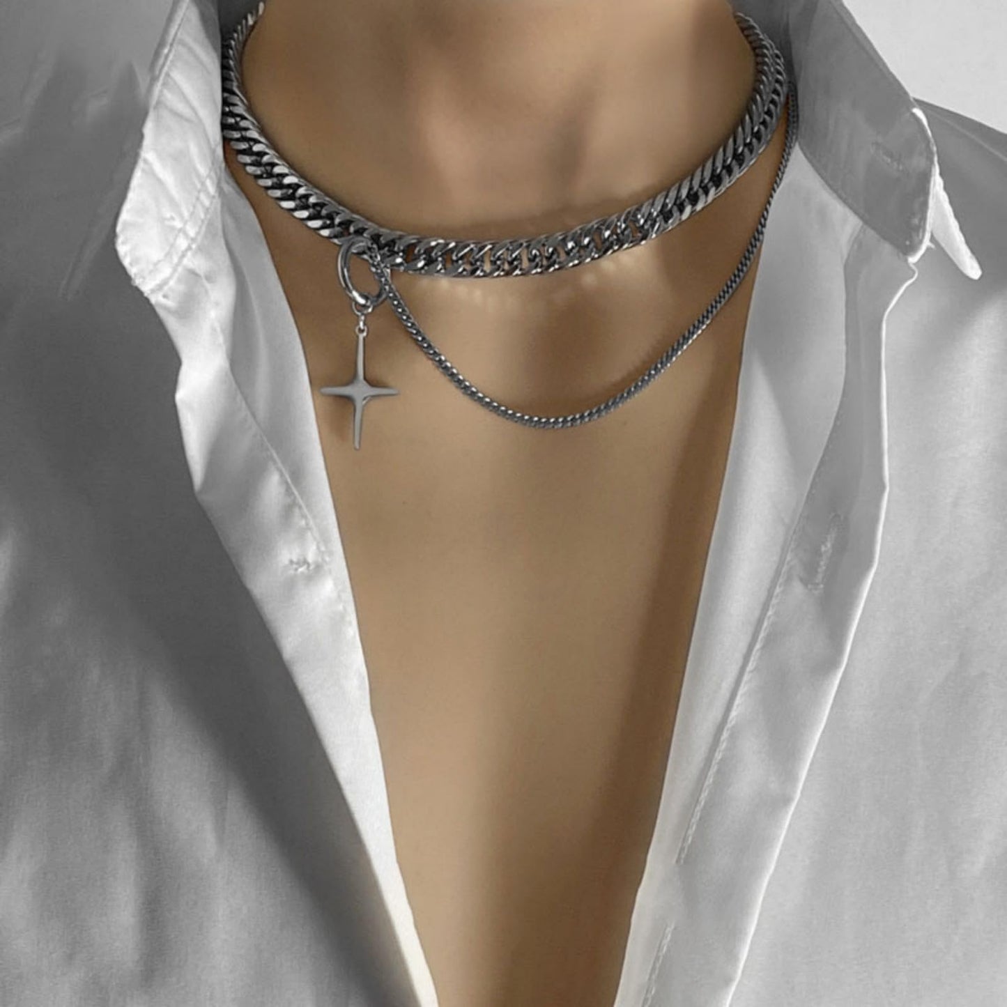 Buyongwant Star Pendant Irregular Necklace for Women Double Woven Chain Y2k Advanced Aesthetic Versatile Hip Hop Fashion Silver Titanium Steel